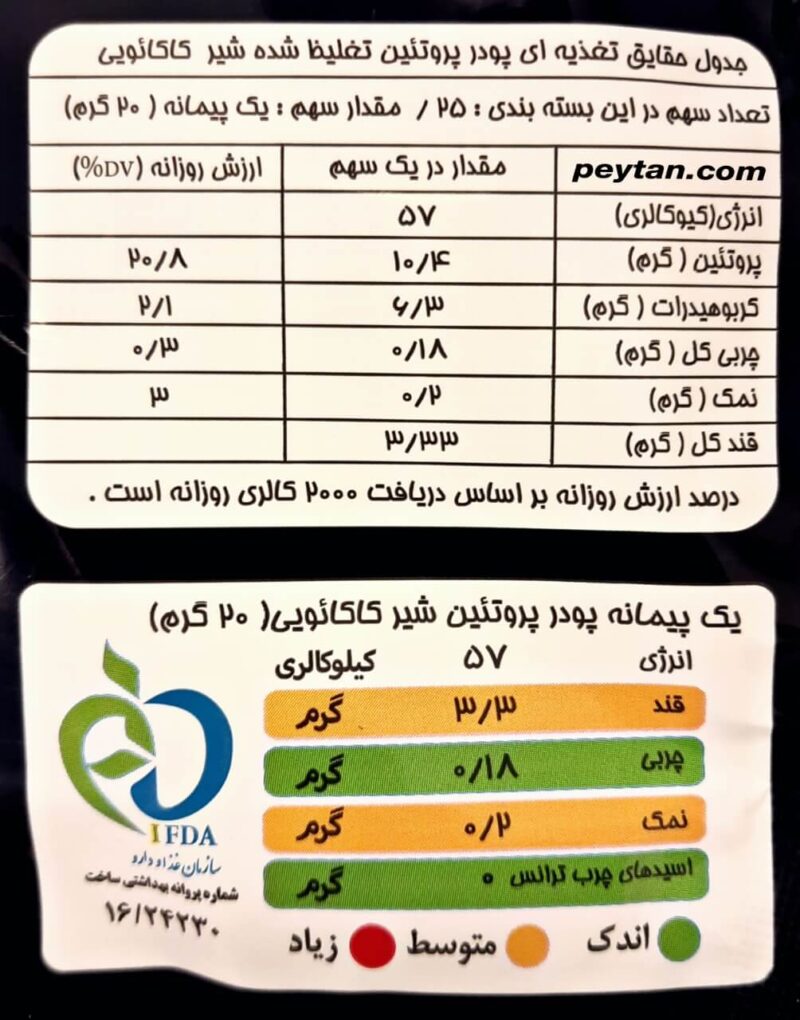 جدول ارزش غذایی پروتئین شیر پگاه کاکائویی